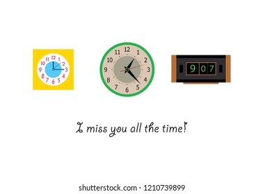 cute clock card vector. i miss you all the time greeting card with clock graphic.
