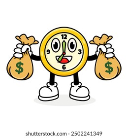  süße Uhr Cartoon mit zwei Taschen Geld, Stil Vektorgrafik.