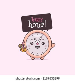 Cute clock cartoon character holding cocktail shouting happy hour vector kawaii illustration