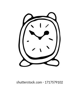 emblema de reloj bonito sobre fondo de pared blanca. Logo de imagen dibujado a mano con tinta negra lineal y a mano libre, esbozado en un lápiz de estilo art retro garabateado sobre papel. Cerrar vista con espacio para texto