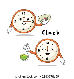 Cute clock with faces cartoon mascot hand drawn set isolated on white background