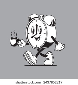 Cute clock holding coffee mascot vector the Concept of Isolated Technology. Flat Cartoon Style Suitable for Landing Web Pages,T shirt, Flyers, Stickers