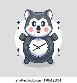 Cute clock husky dog cartoon design