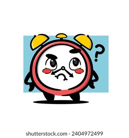 Cute clock mascot is wondering. funny vector cartoon mascot.