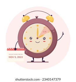 Cute clock with smiling face and calendar in hands. Fall back cartoon style clock character. Daylight saving time end concept.
