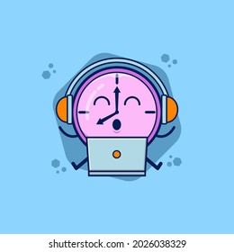 Cute Clock Working On Laptop with happy expressions Cartoon Vector Icon Illustration. Schedule Icon Concept Isolated on blue background. Flat Cartoon Style.