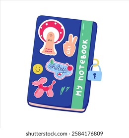 Cute closed blue Notebook with stickers on the cover. Gils diary with a lock for secrets. Hand drawn cartoon Vector illustration isolated on a white background.