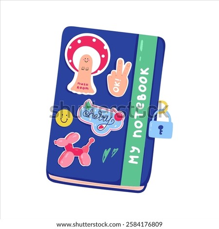 Cute closed blue Notebook with stickers on the cover. Gils diary with a lock for secrets. Hand drawn cartoon Vector illustration isolated on a white background.