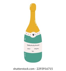 Cute closed champagne bottle. Concept of holiday, celebration, toast, cheers. Trendy and colorful hand drawn vector clipart in naive style isolated on background. Closed bottle with sparkling wine