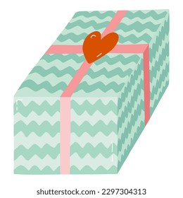 Cute closed gift box with ribbon, bow and sticker. Present for birthday, wedding, Christmas, holiday, shopping. Stylized hand drawn vector clipart. For greeting card, banner, invitation, stickers.