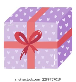Cute closed gift box with ribbon, bow and sticker. Present for birthday, wedding, Christmas, holiday, shopping. Stylized hand drawn vector clipart. For greeting card, banner, invitation, stickers.