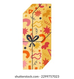 Cute closed gift box with ribbon, bow and sticker. Present for birthday, wedding, Christmas, holiday, shopping. Stylized hand drawn vector clipart. For greeting card, banner, invitation, stickers.