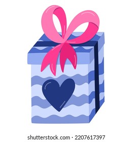 Cute closed gift box with ribbons and big bow. Hand drawn vector clipart isolated on background. Concept of love, romance, surprise. For Valentine's day card, stickers, social media, scrapbook.