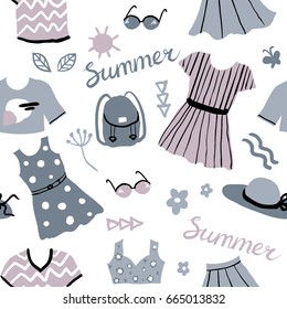 Cute clothes and accessories seamless pattern. Fashion woman set. Summer style. Hand drawing doodles. Vacation design vector illustration