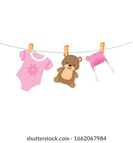 cute clothes baby with bear and hat hanging vector illustration design
