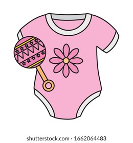 cute clothes baby girl with rattle isolated icon vector illustration design