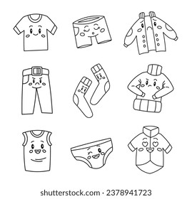 Cute clothes character. Coloring Page. Kawaii T-shirt, shorts, jacket, pants, socks, sweater, briefs, shirt. Vector drawing. Collection of design elements.