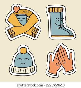 Cute clothes stickers with emotions and hugs. Kawaii autumn clothes and a cup of coffee with cute faces. Scarf hugs coffee. Boots hug each other. Smiling hat. Glove Friends. Vector illustration