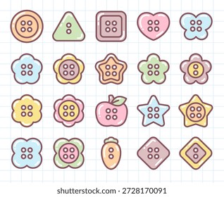 Cute clothing button set. Sewing fasteners in various shapes and soft colors with glossy details, suitable for crafts, fashion design, and decorative projects. Vector 10 EPS.