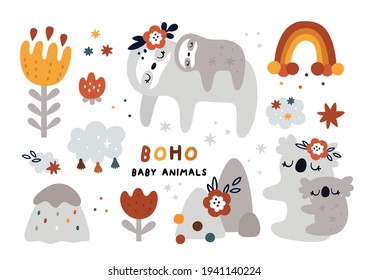 Cute cloths. Sleeping koala and cloth. Baby animals clipart.  Rainbow and nature elements for design. Boho clipart. Cartoon sloth bears for kids room decoration, print, card, baby shower party.