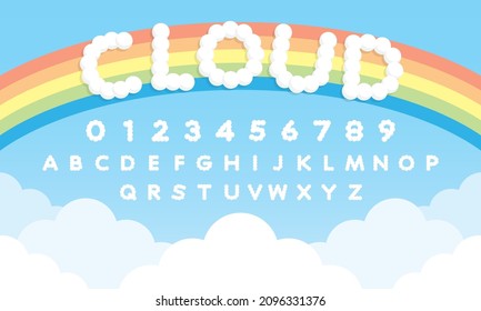 cute cloud alphabet illustration vector with sweet rainbow background