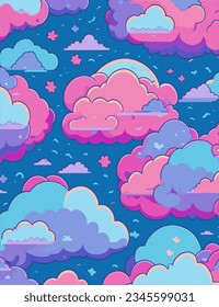 Fondo de la nube, colores brillantes de neón, patrón de ilustración de fondo de dibujos animados, patrón de nube repetitivo
