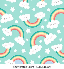 Cute Cloud Background with Rainbow Seamless Pattern, Cartoon Vector Illustration for Kid