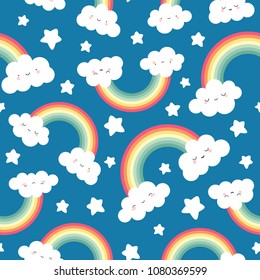 Cute Cloud Background with Rainbow Seamless Pattern, Cartoon Vector Illustration for Kid