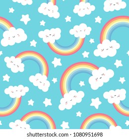 Cute Cloud Background with Rainbow Seamless Pattern, Cartoon Vector Illustration for Kid