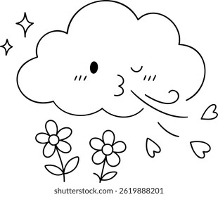 A Cute cloud blowing kisses with flowers around, evoking cheerful spring vibe