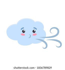 A cute cloud blowing in the wind. Cloudy windy weather. Rain cloud with eyes. Isolated vector illustration