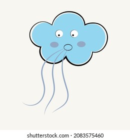 A cute cloud blows the wind out of his mouth. Windy and cold weather concept. Flat vector illustration with copy space