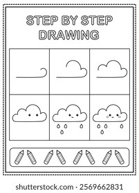 Cute cloud. Book page, drawing step by step. Black and white vector coloring page.