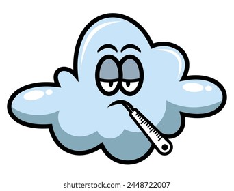 Cute Cloud cartoon characters has a cold and using thermometer to measuring body temperature. Best for sticker, logo, and mascot with seasonal healthcare themes for kids