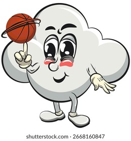 cute cloud cartoon mascot character vector illustration spin the basketball with the index finger, work of hand drawn