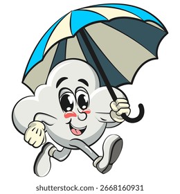 Ilustración vectorial linda del carácter de la mascota de la historieta de la nube que camina con un paraguas, trabajo de la mano dibujada