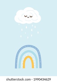 Cute cloud cartoon, rain and rainbow icons isolated on white background vector illustration.