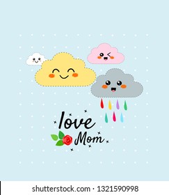 Cute cloud cartoon  vector illustration with rain cloud, kids wear fashion design, Mother's day card.