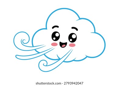  Cute cloud character blowing wind with swirls during a breezy day in a flat  colorful vector style.