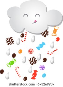 cute cloud character and candy rain on white background