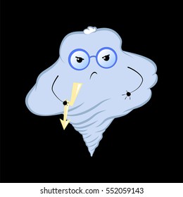 Cute cloud character cartoon vector illustration. Angry typhoon cloud in glasses. Sad character cloud with flash light. Cartoon or comic style drawing for nursery design. Aggressive emotional sticker