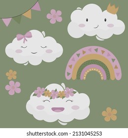 Colección de caracteres en la nube con arcoiris y flores, ilustración infantil