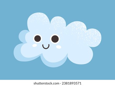 Cute cloud character concept. Weather forecast design element. Emotions and facial expressions. Mood and feelings. Template and layout. Cartoon flat vector illustration isolated on blue background