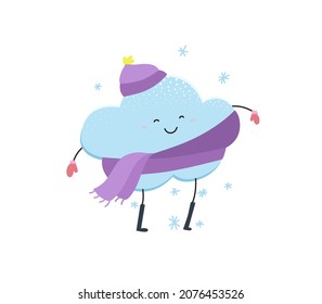 Cute Cloud Character In Hat And Scarf In Winter. Vector Hand Drawn Illustration Of Happy Blue Cloud In Boots With Falling Snowflakes. Cartoon Sign Of Snow Weather Isolated On White Background