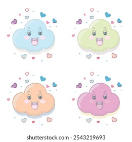 Cute cloud character icons smiling and colorful  hearts all around. Vector Illustration