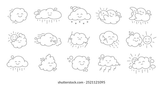 Ilustración de personaje de nube linda. Conjunto de iconos de meteorología. Vector de trazo de contorno editable.