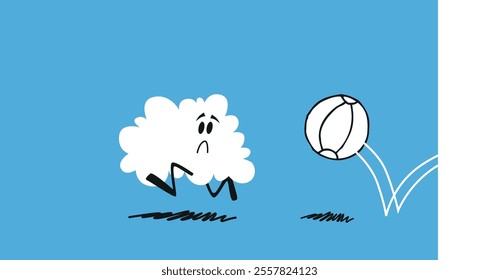 Cute cloud character running away scared of a ball bouncing on the floor. Cartoon style vector illustration on light blue background.