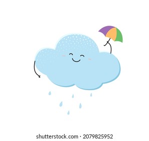 Cute cloud character with umbrella in rain. Vector hand drawn illustration of happy blue cloud with falling water drops. Cartoon sign of rainy weather isolated on white background