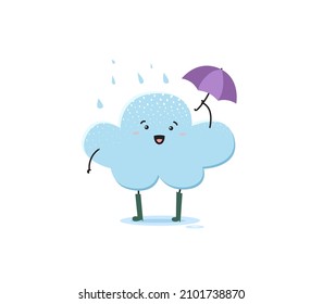 Cute cloud character with umbrella in rain. Vector hand drawn illustration of happy blue cloud in boots under falling water drops. Cartoon sign of rainy weather isolated on white background