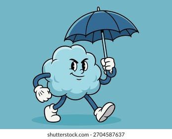 Personagem de Nuvem Bonito Andando com Guarda-chuva - Desenho Animado Tempo Mascote Ilustração